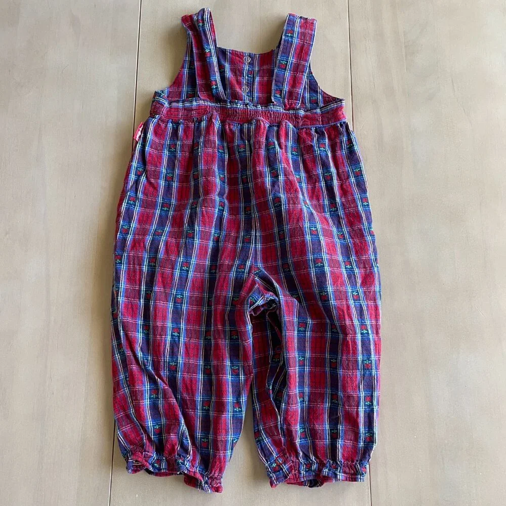 VINTAGE RARE 1980s/90s OshKosh B'gosh Baby Toddler Blue Red Apple Plaid Romper